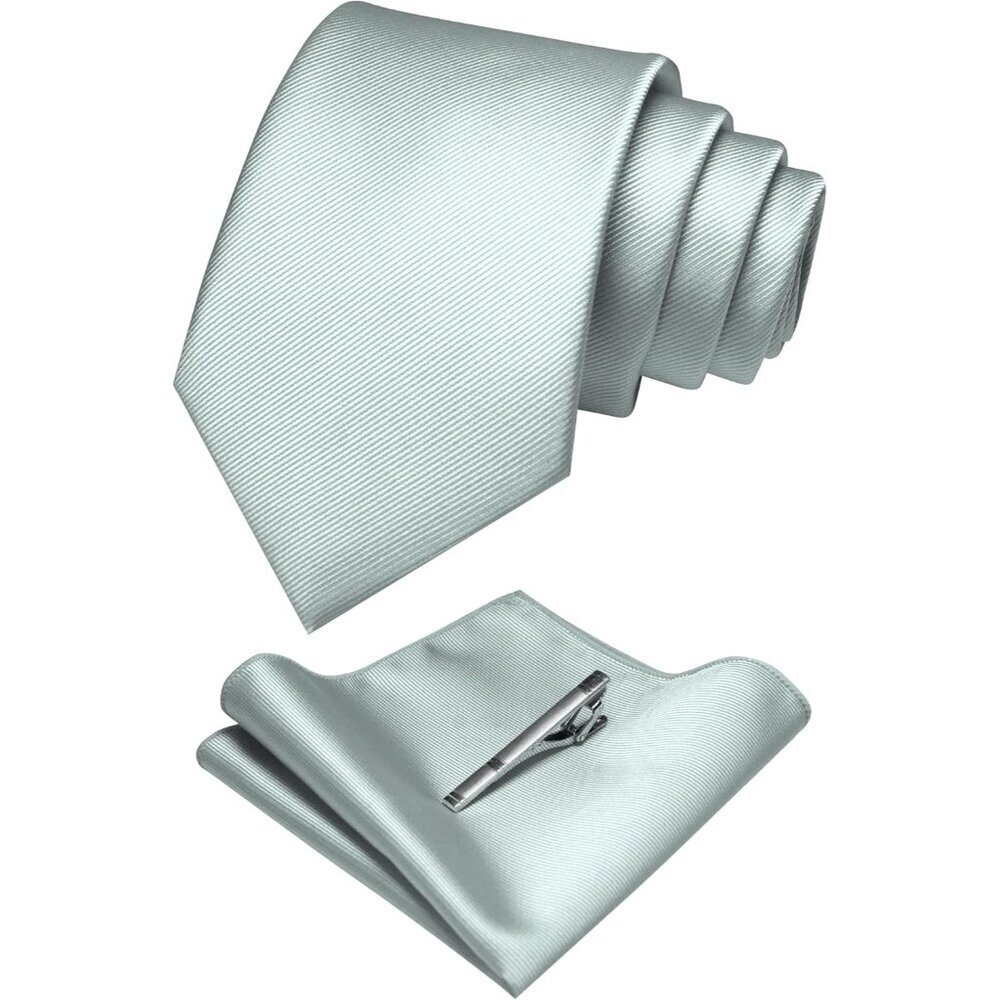 Men's Silver 2 Colour Formal Necktie and Pocket Square Tie Clip Sets